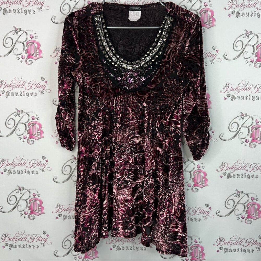 Clientele dress/top soft velvet Elegant Pink and Black Embellished Women's Top